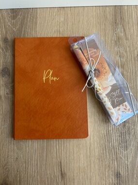 Floral Bookmark, Pen & Notebook Set in Warm Peach and White